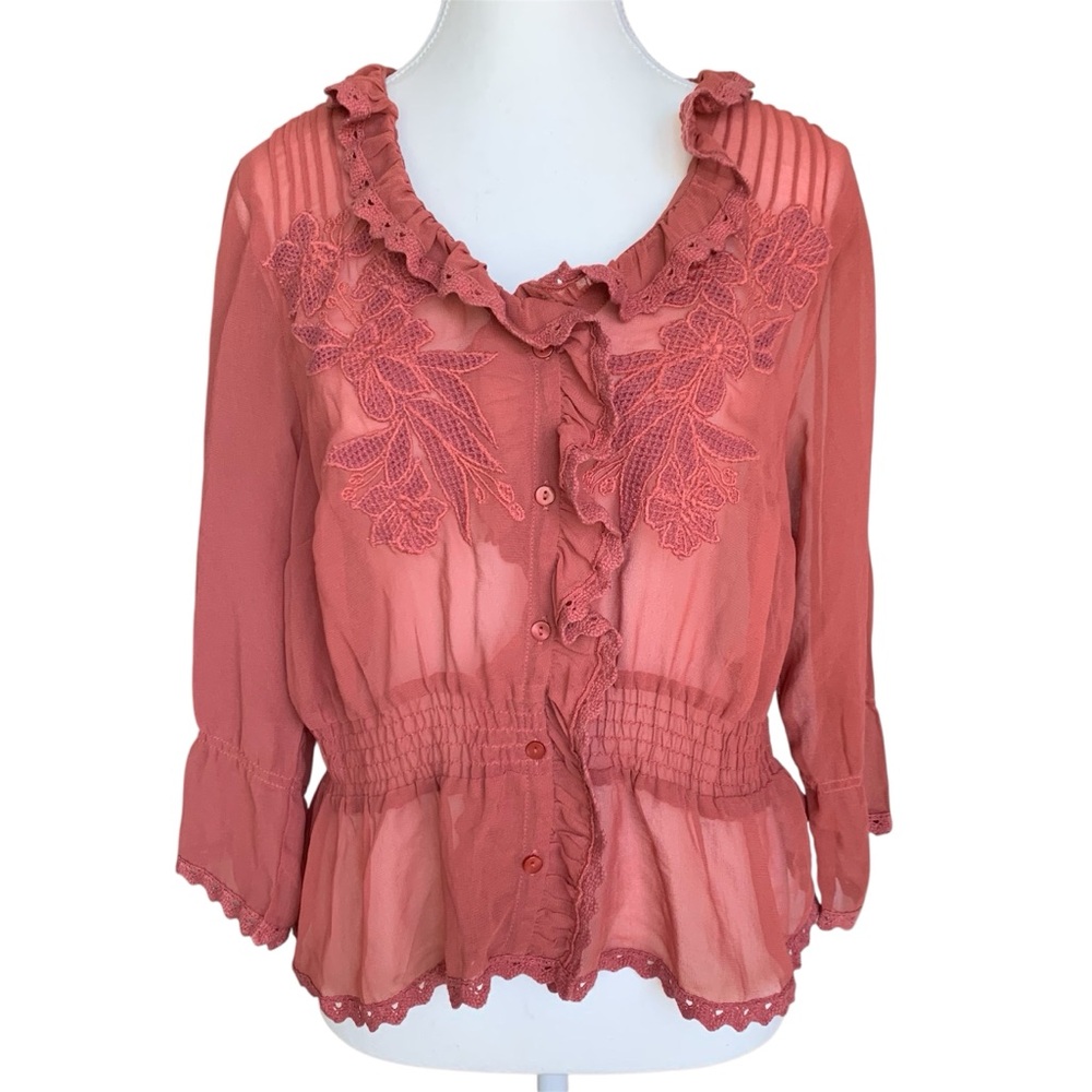 NWOT Soft Surroundings Sheer Ruffle Lace Pink Button Up Blouse Women’s Sz S